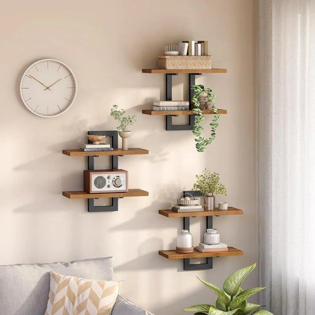 Étagère murale suspendue au design industriel bois et métal noir Loft