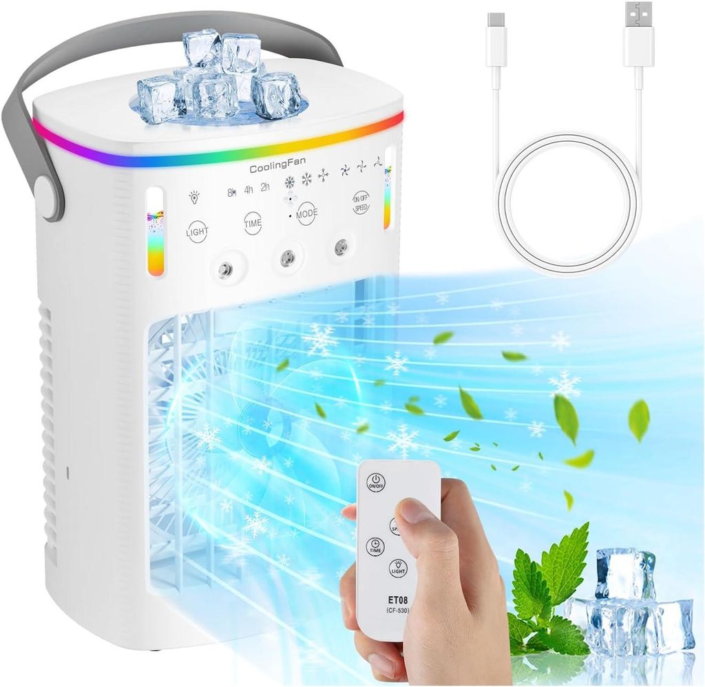 Luftkühler Klimaanlage, 4-in-1 Tragbarer Luftkühler mit 1000ml Wassertank, Mobiles Klimagerät, 3 Betriebsmodi & 7-Farben-Nachtlicht für Zimmer,...