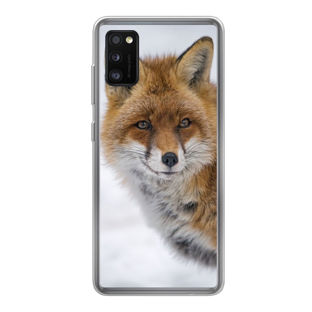MuchoWow Handyhülle Schutzhülle Hülle für Samsung Galaxy A41 Fuchs - Porträt - Schnee Silikon Softcase Handy Hülle - Mobiltelefon