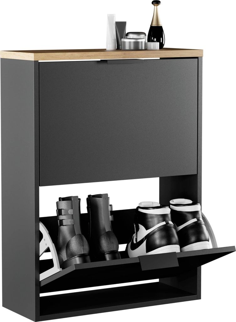 Planetmöbel Schuhschrank schmal 2 Klappen Schuhregal mit 4 Ablagen, schwarz