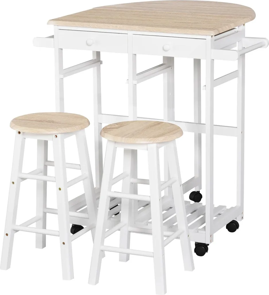 Mange-debout Pliant avec 2 Tabourets et Rangements sur Roulettes Blanc