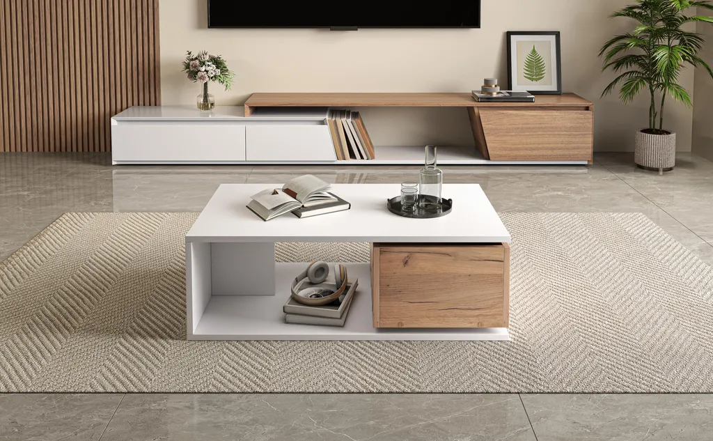 Fortuna Lai 90*50*30 cm Tavolino da caffè, cassetto girevole a 360°, tavolino con 1 cassetto, tavolino da salotto lucido con vano portaoggetti aperto, tavolino da divano, tavolino ausiliario, bianco + colore legno - 10