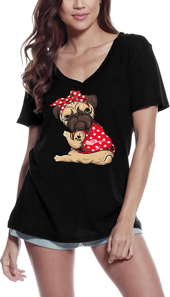 Damen Grafik T-Shirt V-Ausschnitt Mops Liebe Mama Pfote - Welpe Mutter Hundeliebhaber – Pug Love Mom Paw - Puppy Mother Dog Lover – Öko-Verant...