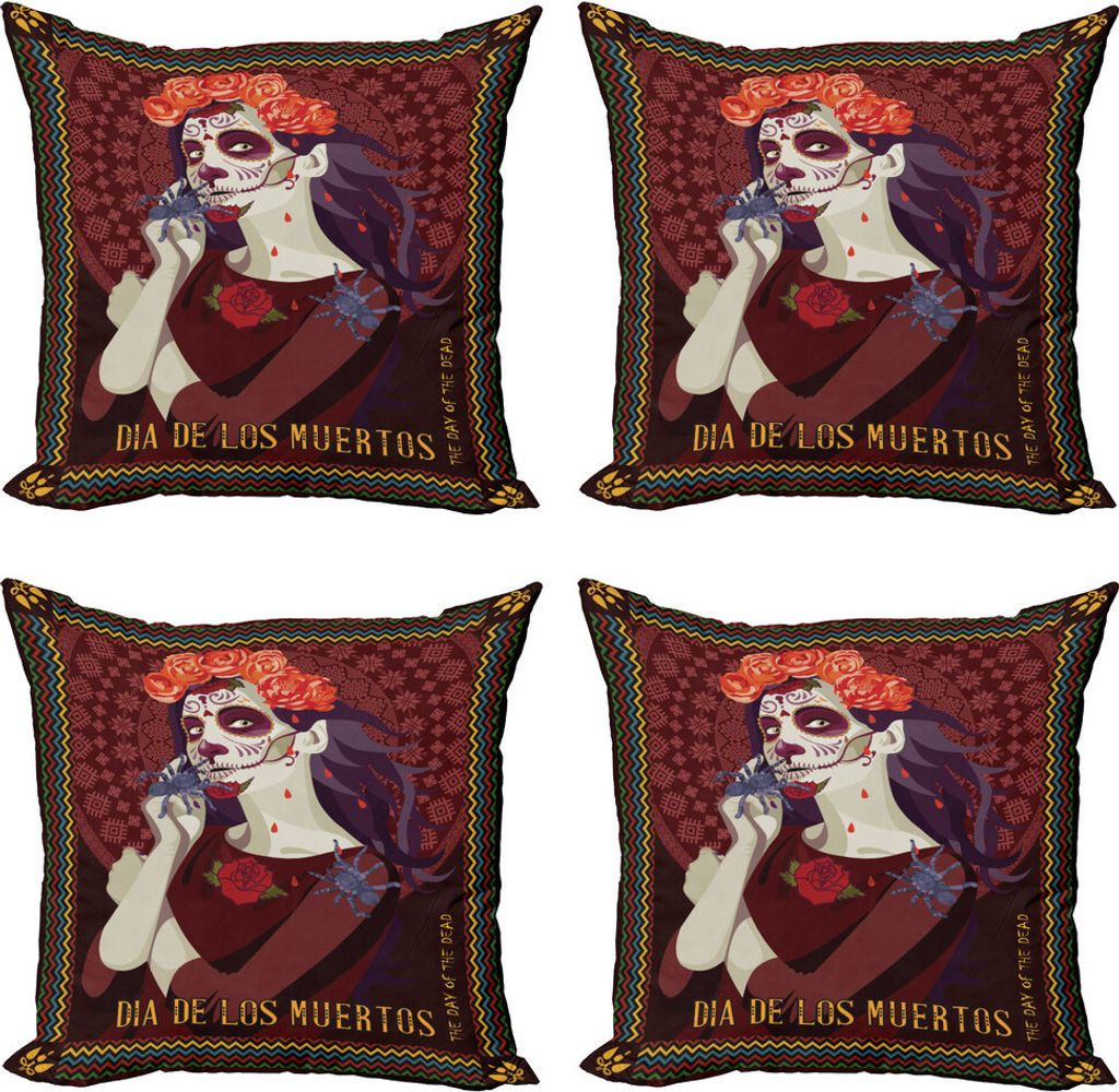 ABAKUHAUS Tag der Toten Kissenbezug Set (4 Stück), spanische Kunst, Moderner Doppelseitiger Digitaldruck, 60 cm x 60 cm, Burgund