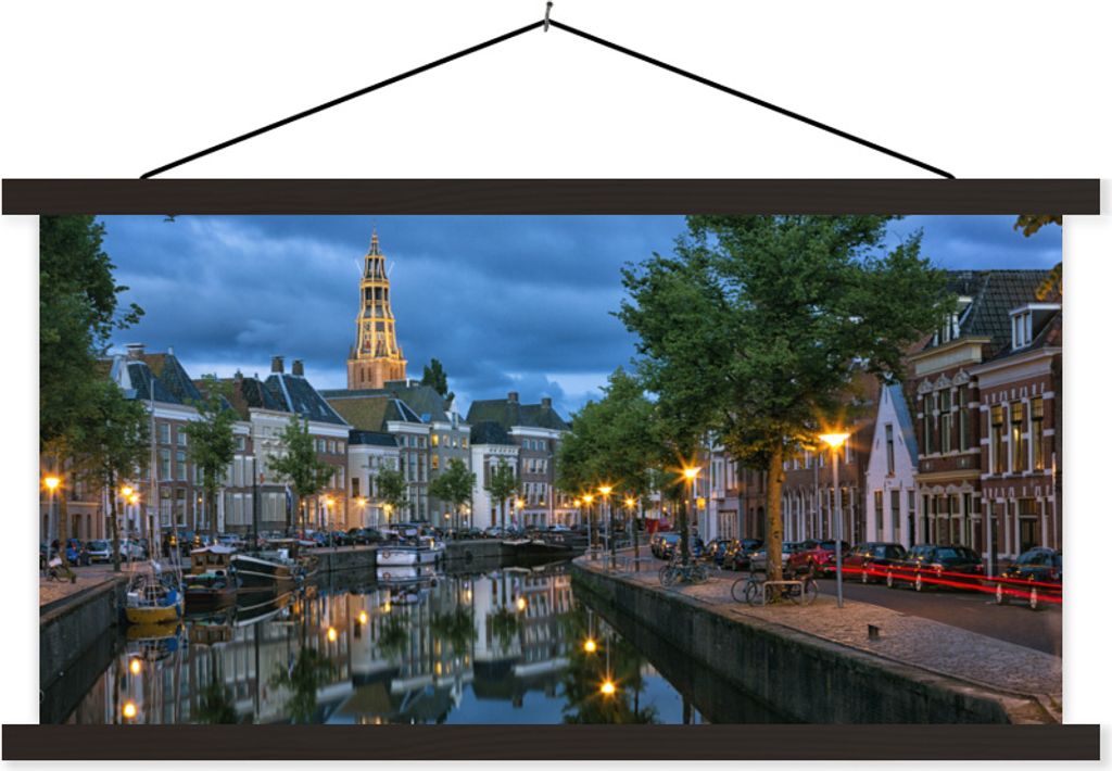 MuchoWow Textilposter Groningen - Grachtenpand 90x45 cm mit schwarzem Rahmen - Klemmleisten