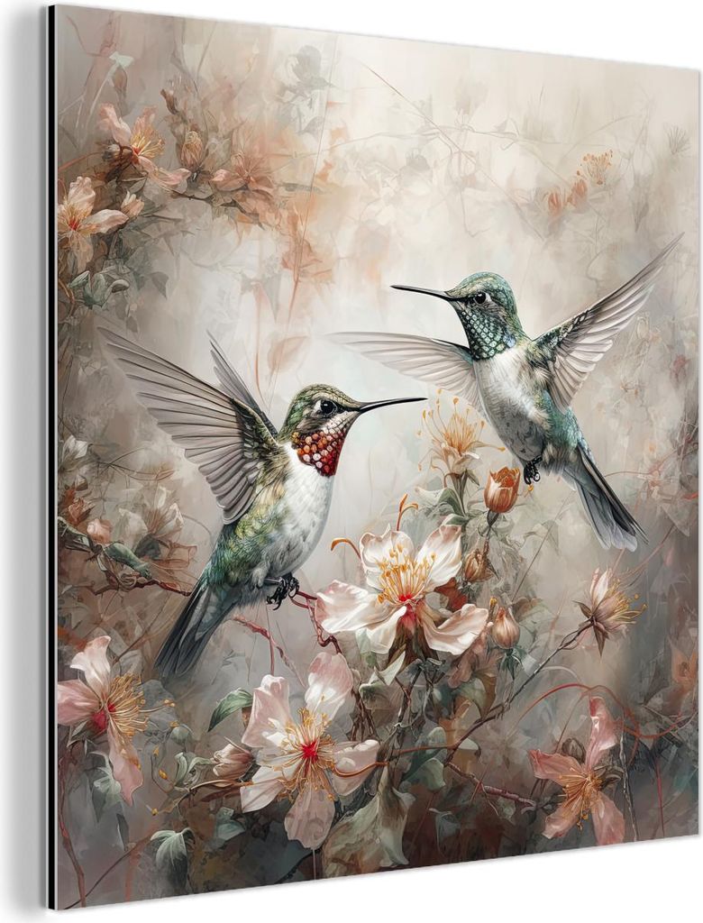 MuchoWow Wanddekoration Metall Metallbild Wandkunst 50x50 cm Kolibri - Vögel - Blumen - Pflanzen MuchoWow Aluminium Gemälde - Alubild - Industrial