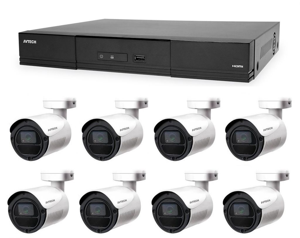 Überwachungskamera Set 8CH H.265, 1x AVTECH NVR AVH1109, 8x 2MPX IP Bullet Kamera AVTECH DGM2103ASVP, Überwachungssystem mit 1080p Video, IP66 wa...