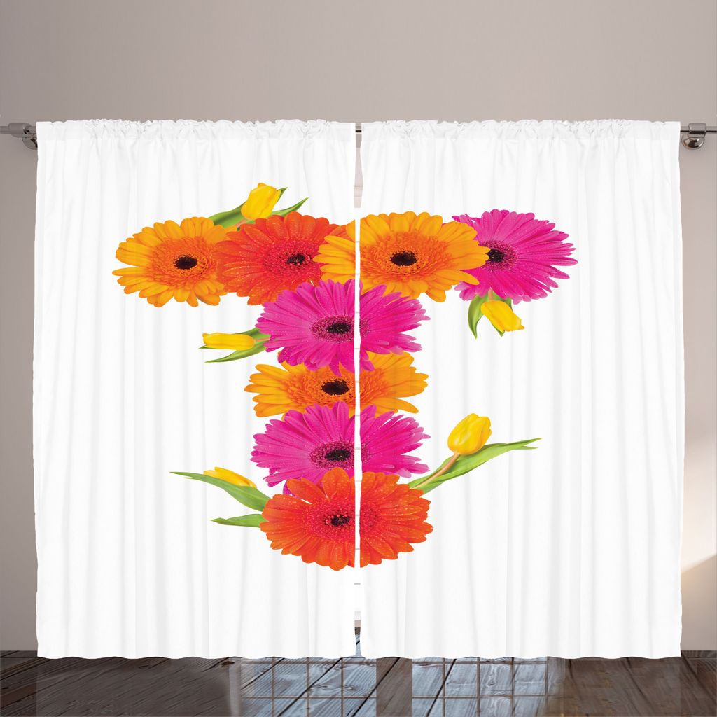 ABAKUHAUS Blumen-Alphabet Rustikaler Vorhang, Tulpen Gerbera T, Wohnzimmer Universalband Gardinen mit Schlaufen und Haken, 280 x 225 cm, Marigold-P...