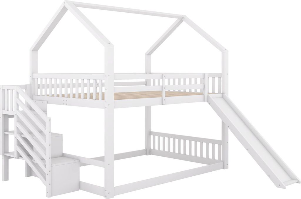 Etagenbett,140x200cm,Hochbett mit Stauraumtreppe und Rutsche, Hausbett, Kinderbett mit Geländer, geeignet für Kinder, Jugendliche,Weiß