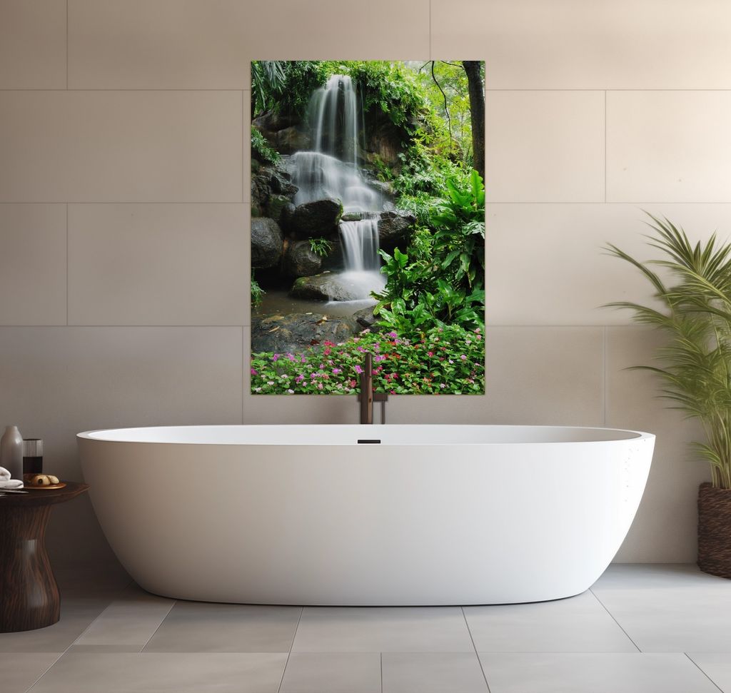 Wallario wasserfestes Poster selbstklebend 70 x 100 cm, Sturzbach im Grünen, Badezimmerposter Spritzschutz mit Hochglanzoberfläche in Glasoptik