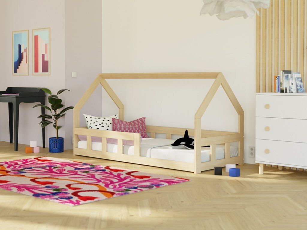 Niedriges Hausbett für Kinder FENCE 6-in-1 mit Barriere 120x200 cm Hellgrau, Mit einem Rausfallschutz rechts