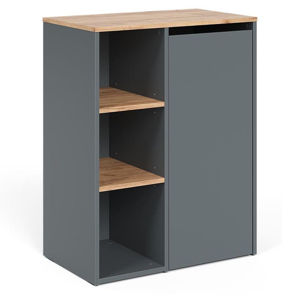 A product shot of a gray cabinet with wooden shelves and a wooden top.
