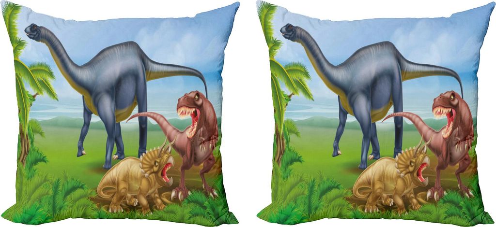 ABAKUHAUS Dinosaurier Kissenbezug Set (2Stück), Verschiedene Arten von Dinosauriern Natürliche Dschungel-Umwelt T-Rex Triceratops-Karikatur, 50 x...
