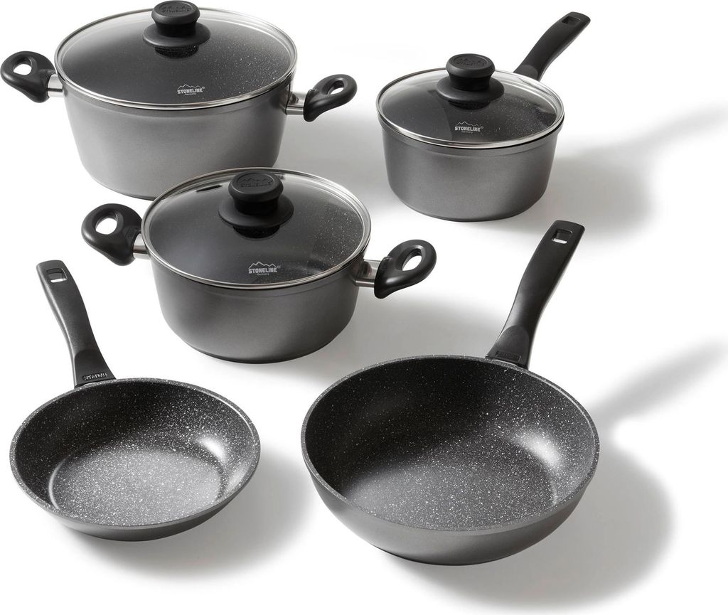 Stoneline 1 Kochtopf, 1 Schmorpfanne, 1 Bratpfanne, Alu-Druckguss, schwarz,