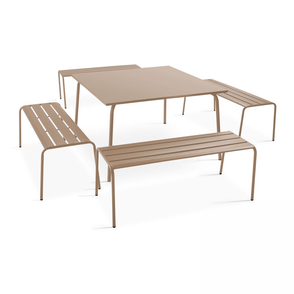 Quadratischer Gartentisch und 4 Metallbänke Taupe - Oviala Palavas