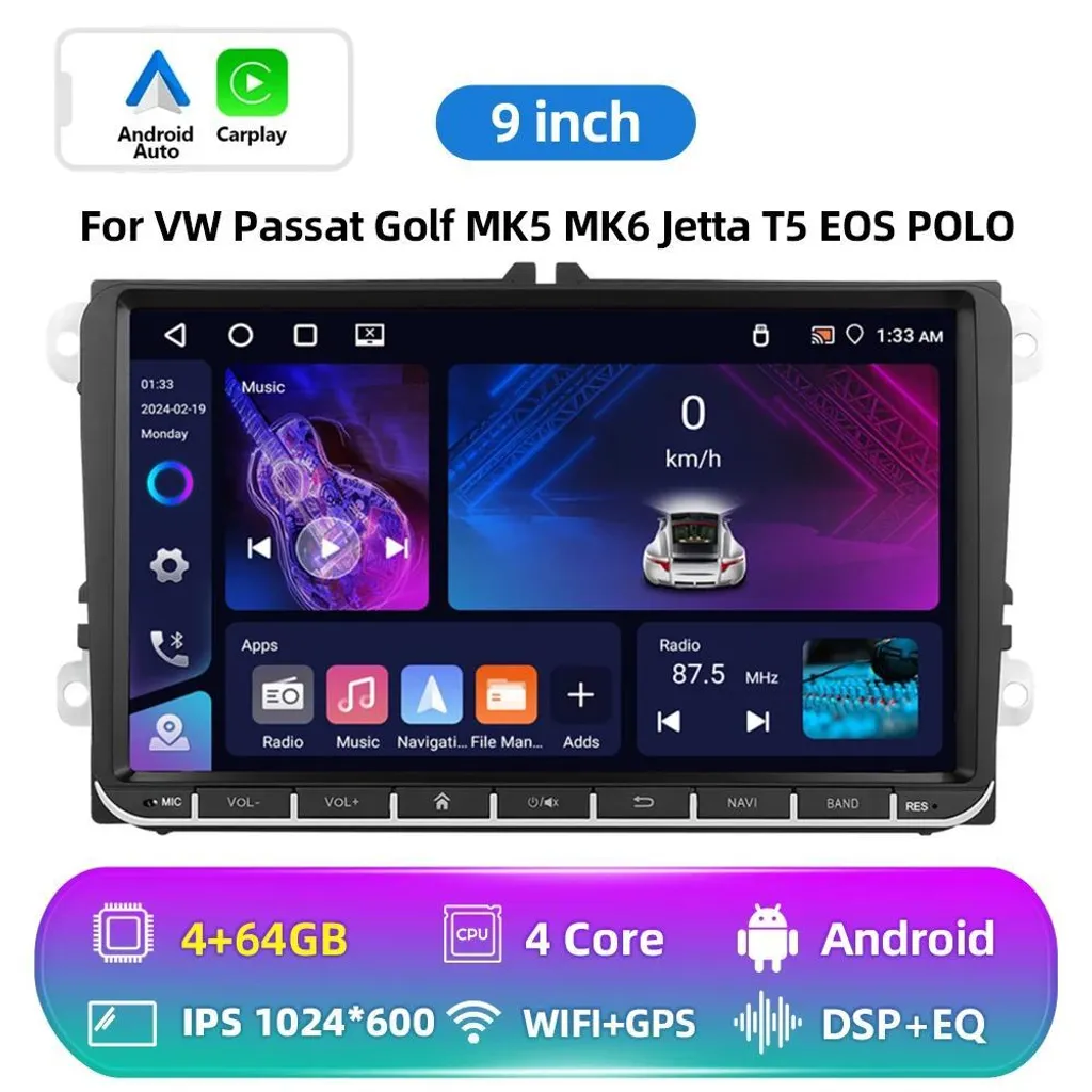 Autoradio Android 4Go RAM 64Go ROM Écran 9 Pouces GPS pour Jetta et Polo