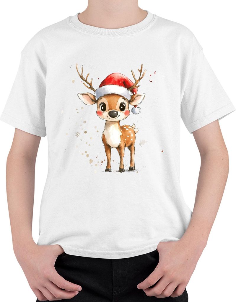 Weihnachtsrentier Aquarell Santa Hut Kinder Geschenk Niedlich Uni Kinder T-Shirt, Weiß, 104