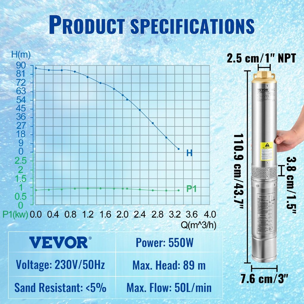 VEVOR 3 Zoll 550W Tiefbrunnenpumpe 3000L/h sandresistent Produktbild 7