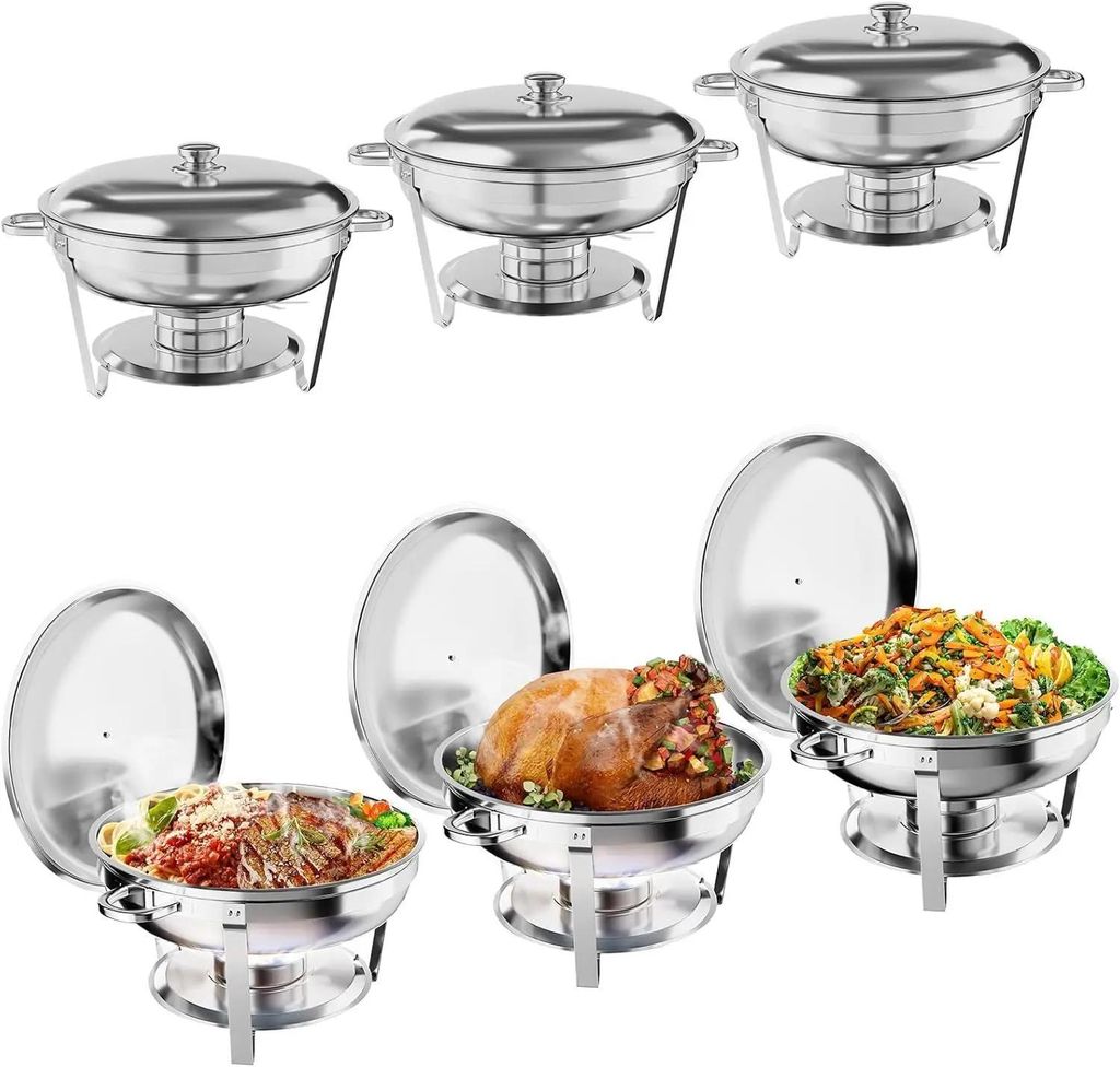 Buffetwärmer für Catering - Rundes Chafing-Dish Set - Edelstahl - Wasser- und Speisenschale - Deckel und Gestell mit Brennerhalter - 6er Set