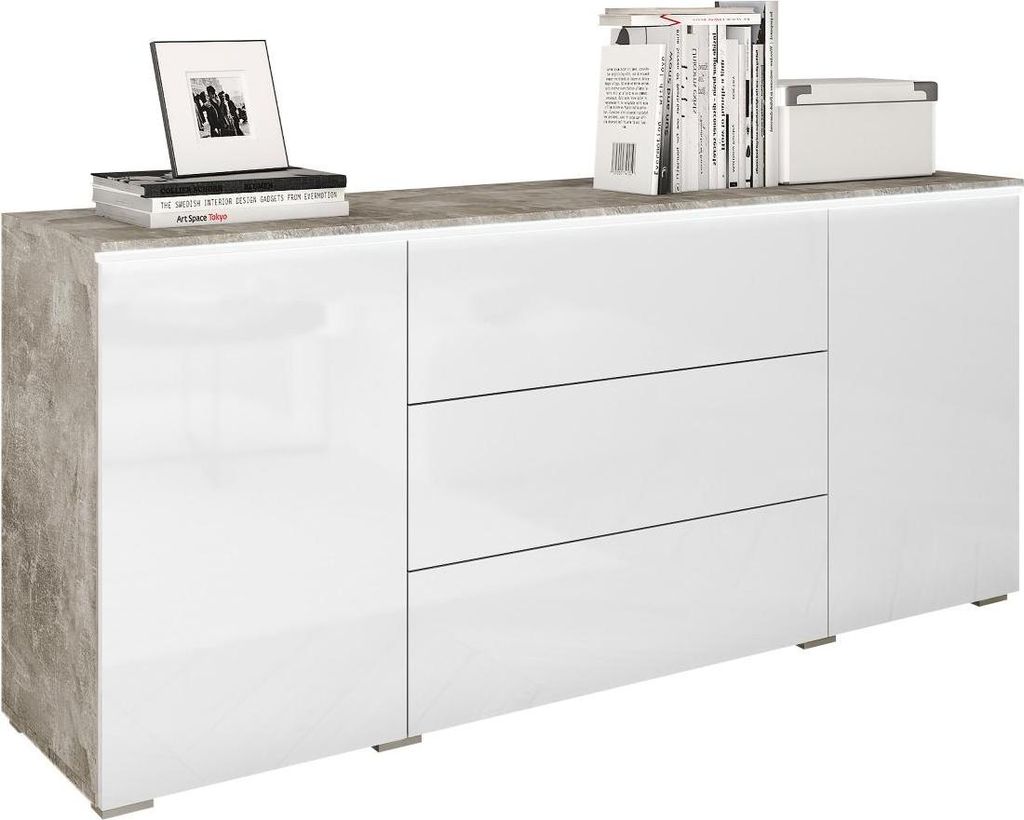 MIRJAN24 Kommode Vera, Griffloses Öffnungssystem, Sideboard, Stilvoll Highboard Schrank (Farbe: Beton / Weiß Hochglanz, mit weißer LED Beleuchtung)