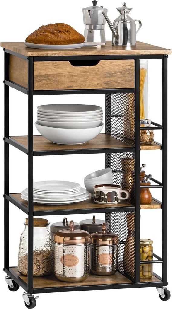 Küchenwagen/Servierwagen - FKW99-N - 6 Ablagen - 1 Schublade - Metallrahmen - 50×87×37 cm - Braun