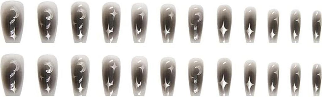 Künstliche Nägel, 24 Stück Press On Nails, Glänzend, Sterne, Mond, Designs, Fake Nails, Fingernägel Zum Aufkleben, Abs Künstliche Fingernäge...