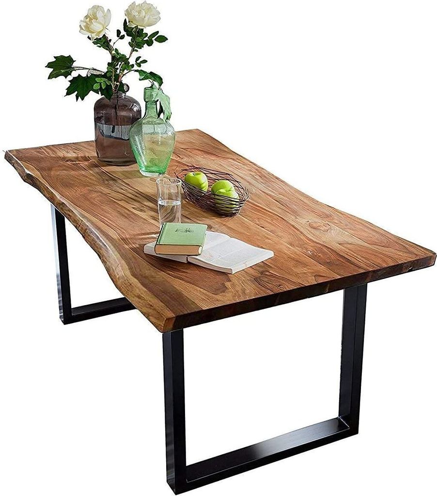 Baumkantentisch 220x100 cm Quarto, Akazienholz massiv + nussbaumfarben, Esstisch mit schwarzem U-Gestell, Esszimmertisch/Holztisch Industrial-Desig...