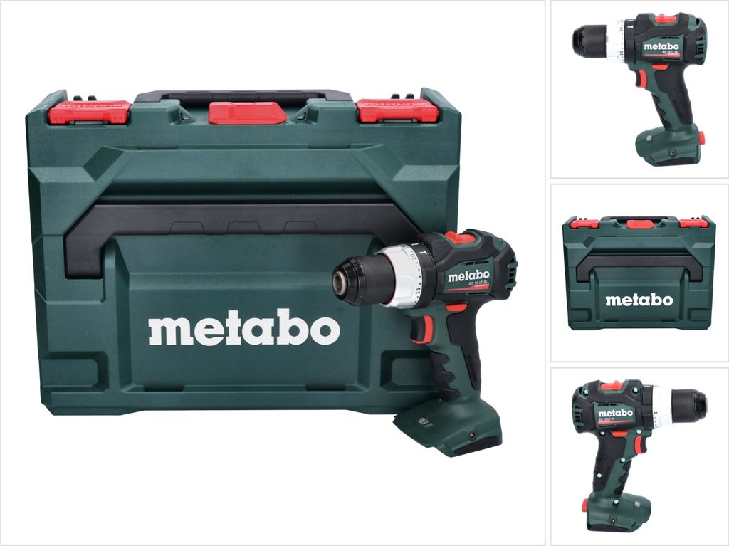 A collage of images showing a Metabo cordless drill and its carrying case.
