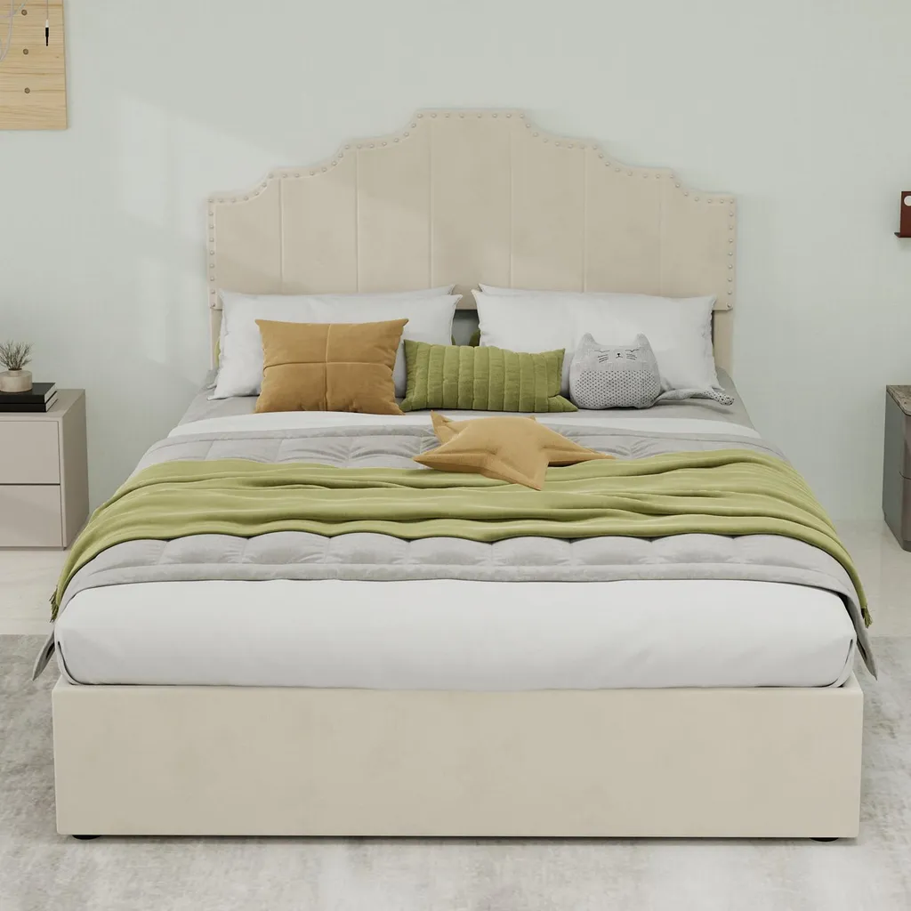 Lit double 140x200 beige gain de place avec rangement sous lit pour chambre