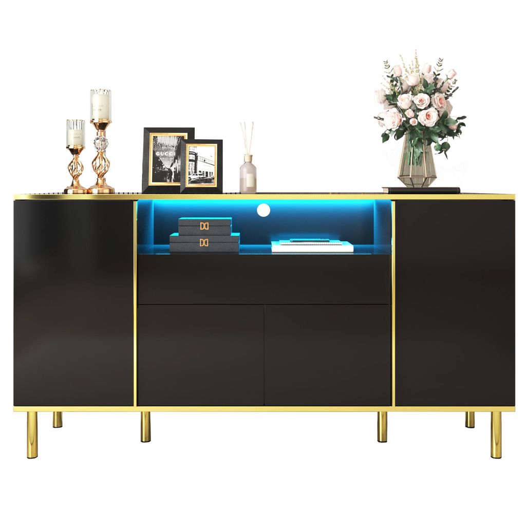 Fortuna Lai Schwarzes Lagerschrank-Sideboard mit vier Türen und zwei Schubladen, moderner LED-Schrank, Schwarz