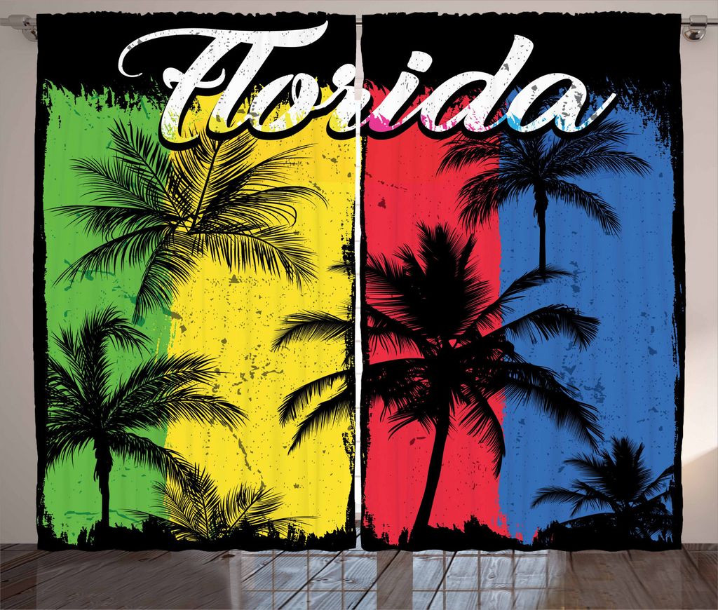 ABAKUHAUS Florida Rustikaler Gardine, Grunge Palmen bunt, Schlafzimmer Kräuselband Vorhang mit Schlaufen und Haken, 280 x 225 cm, Mehrfarbig