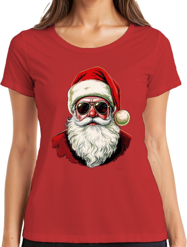 Weihnachtsmann Sonnenbrille Cool Hipster Retro Vintage Santa Mütz Damen T-Shirt, Rot, L