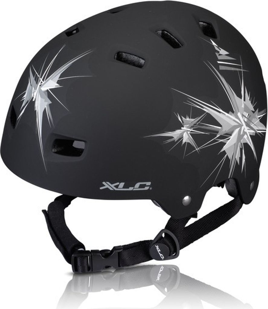 A black XLC urban helmet with a white and gray spike design.