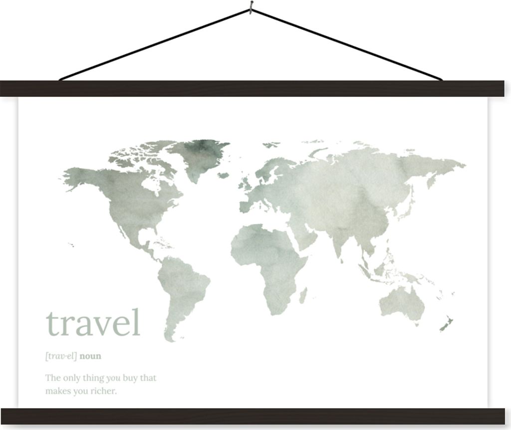 MuchoWow Textilposter Weltkarte - Zitat - Reisen 120x80 cm mit schwarzem Rahmen - Wanddeko