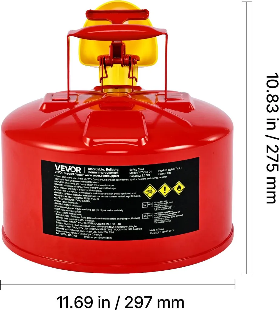 Tanica di sicurezza VEVOR, 9,5 L tipo I, contenitore di sicurezza rosso per benzina con parafiamma in acciaio inox, coperchio autochiudente e imbuto in PE, contenitore per sostanze infiammabili, rosso - 8