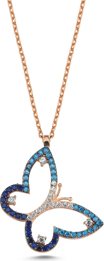 Pendentif Papillon en Argent 925 Rose Gold et Cristaux Bleus Dégradés