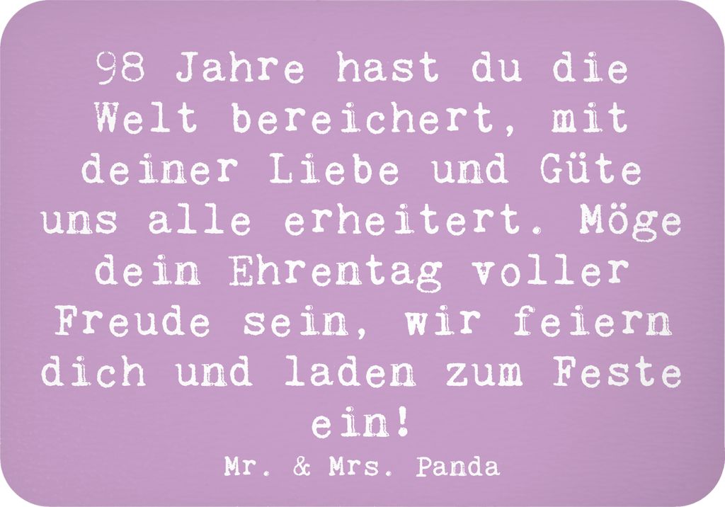 Mr. & Mrs. Panda magnet Spruch 98. Geburtstag - Lavendeltraum - Geschenk, Alter, Happy Birthday, whiteboardmagnet, Güte, büromagnet, 98 Jahre, ze...