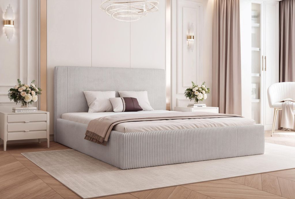 BESILIO Bett 140x200 Vienna – Bett mit Stauraum, schlankes Bett, Lattenrost – Samtstoff – Hellgrau