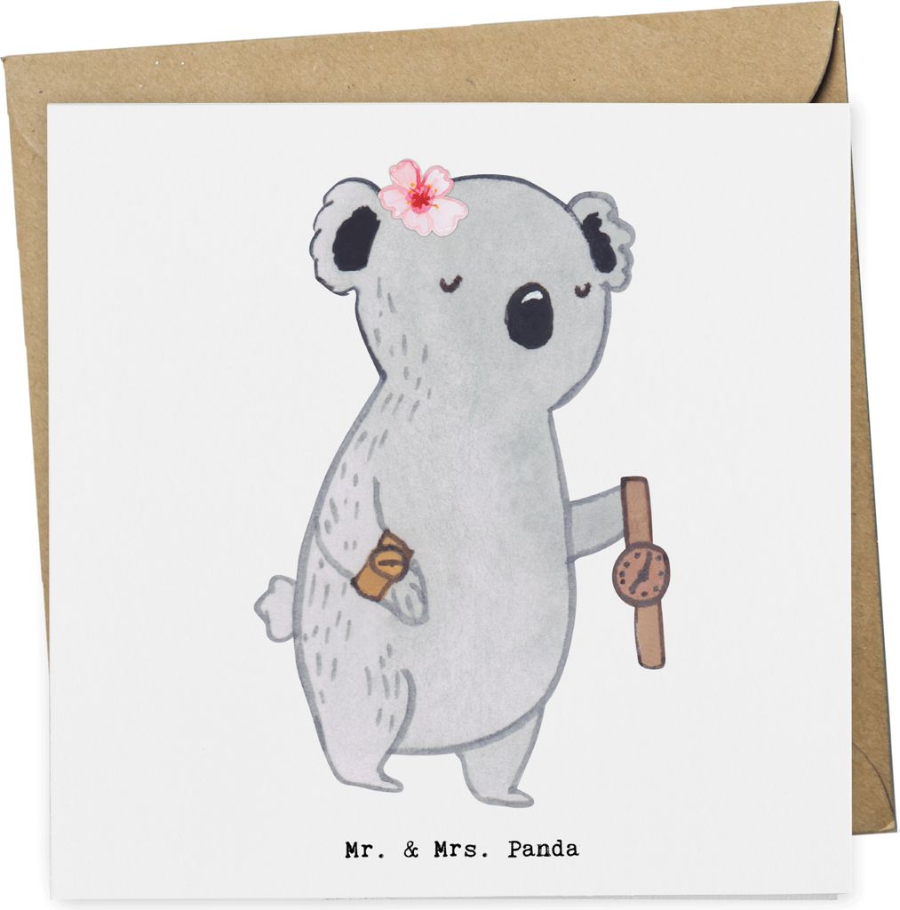 Mr. & Mrs. Panda faltkarte Uhrmacherin Herz - Weiß - Geschenk, Klappkarte, doppelkarte, Glückwunschkarte, anlasskarte, Grußkarte