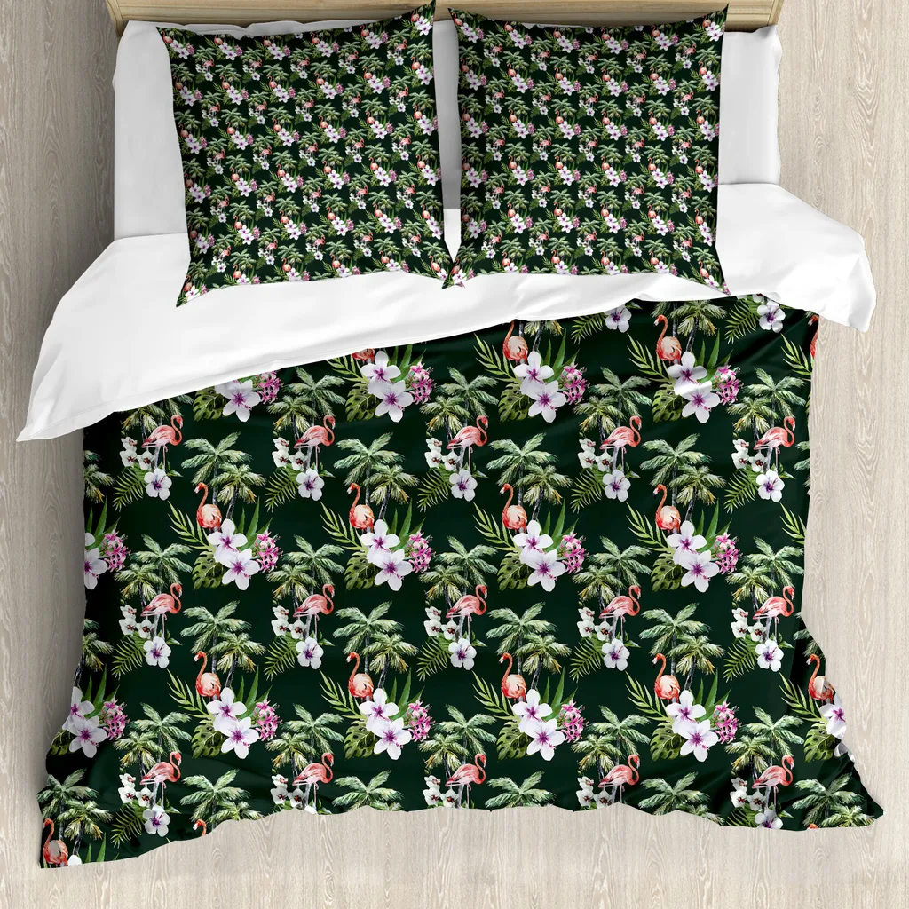Housse de couette tropicale 155x220 cm avec bouquet de flamants roses