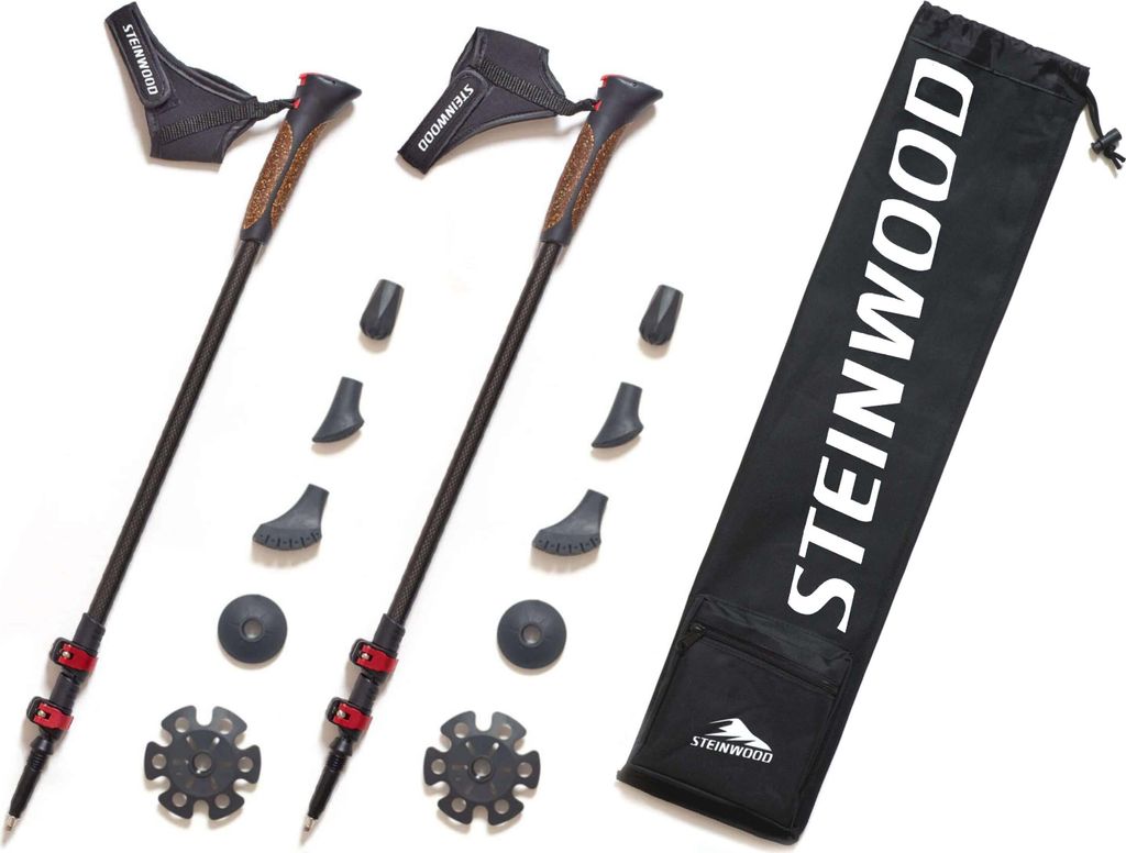 Steinwood Premium 100% Carbon Nordic Walking Stöcke verstellbar mit Teleskop und Klemmverschluss mit extra Gummipuffer und Tragebeutel, Mehrfarbig