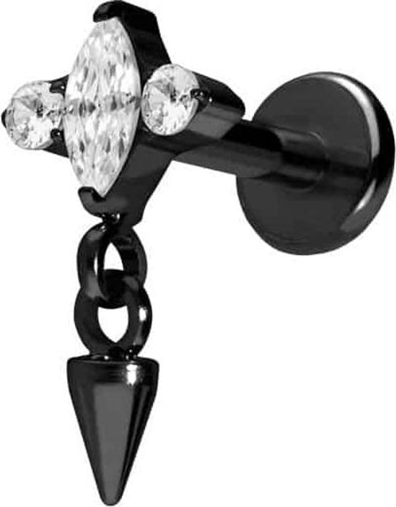 Ohrpiercing, Nasenpiercing Titan Labret mit Push Fit EINGEFASSTE KRISTALLE + SPITZE Schwarz Stablänge: 8mm | Stabstärke: 1,2mm