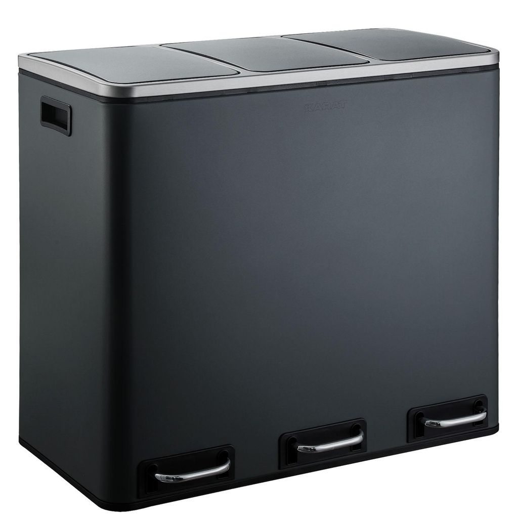 A dark gray three-compartment trash can with silver pedal levers and a silver rim around the top.