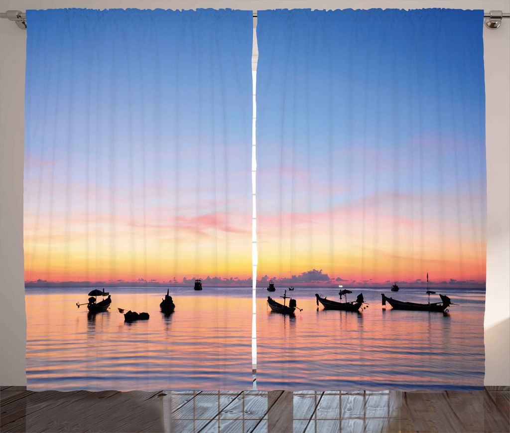 ABAKUHAUS Angeln Rustikaler Vorhang, Sonnenuntergang am Meer Schiffe, Wohnzimmer Universalband Gardinen mit Schlaufen und Haken, 280 x 175 cm, Gelb...
