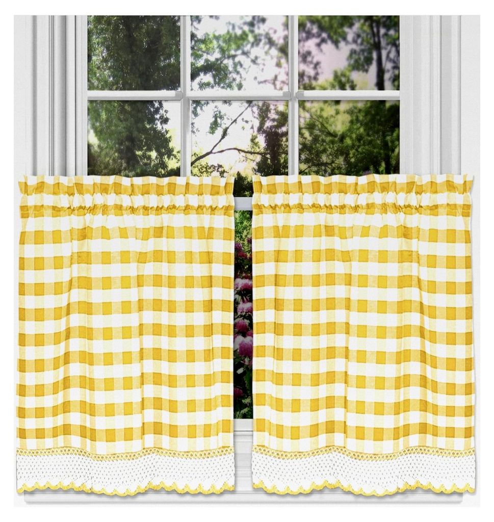 Fenstervorhang-Set, kariert, 147 cm breit, 91,4 cm lang, lichtfilternde Vorhänge für Küche, Schlafzimmer, Wohnzimmer und Esszimmer, Gelb und Elf...