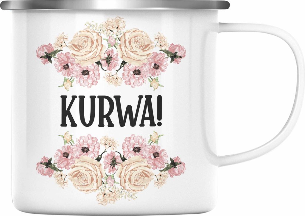 Trendation - KURWA Emaille Tasse mit Spruch Provokante Emaille Tasse Spruch Kollegin Kollege Büro Emaille Emaille Tasse Freundin (Silber)