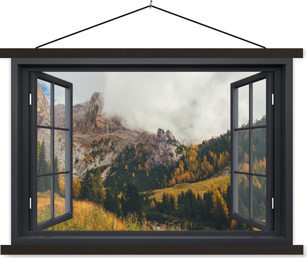 MuchoWow Textilposter Aussicht - Berg - Baum 120x80 cm mit schwarzem Rahmen - Wanddeko