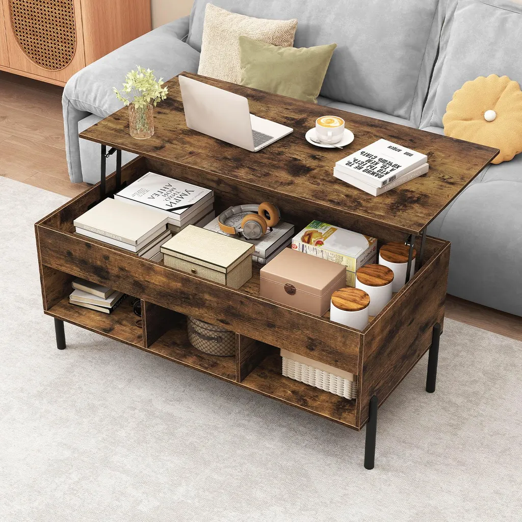 Table basse à plateau relevable et 3 compartiments de rangement bois - 9
