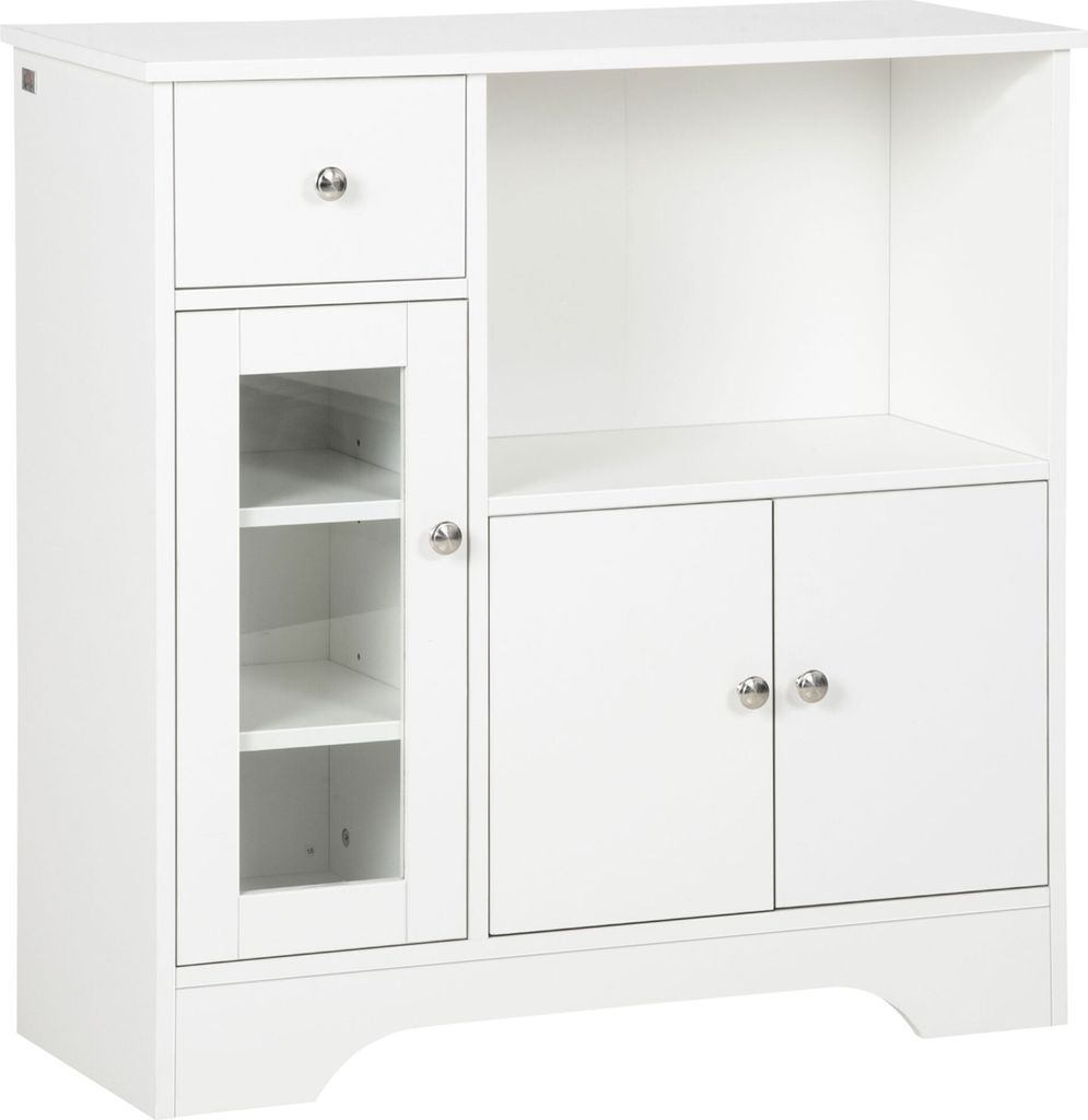 HOMCOM Weißes Sideboard, modernes Küchen-Sideboard mit Glastür, Schublade, offenem Regal und verstellbaren Regalen, zusätzliches Aufbewahrungsm...