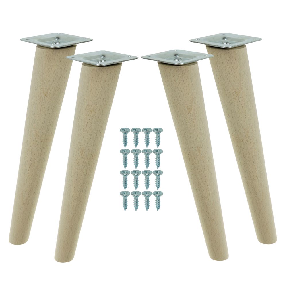 Four wooden furniture legs with metal mounting plates and a group of screws on a white background.